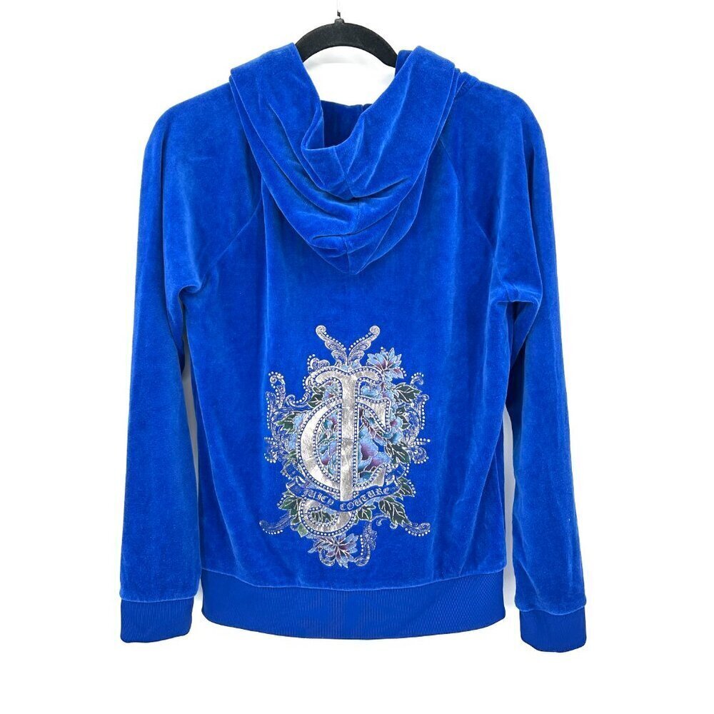 JUICY COUTURE Women's Blue Y2K Velour Bling Full Zip Hoodie Jacket Size Medium